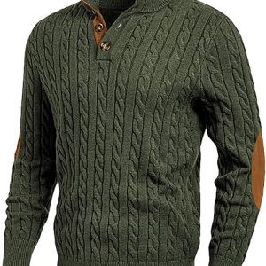 JMIERR Men's Cable Knit Pullover Sweater Casual Long Sleeve Stand Collar Button Knitted Sweaters